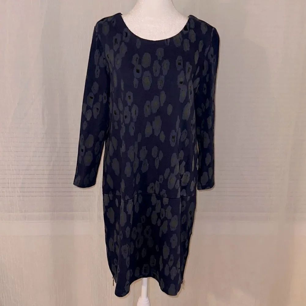 GAP M Navy Indigo Camo Green Quarter Sleeve Crewneck Tunic Side Hem Zippers